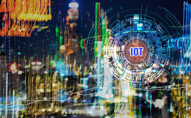 Smart City digital IOT network concept, Building business with graphical interface / atificial of internet of things. Communication technology of futuristic cities. Ideas for travel hi-tech in cities