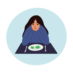Sad young woman looking at empty plate vector illustration. Danger of diets and anorexia vector concept. EPS 10