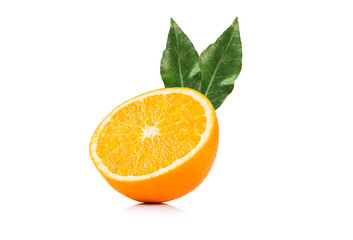 Orange slice and orange leaf isolated on white background