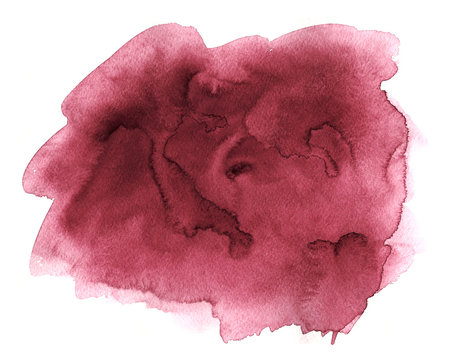 Burgundy wine watercolor abstract hand paint texture with stains and spots on white paper. Illustration background for design.