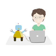 Little boy sitting at his desk and coding with her computer making and programming cute robot. Vector illustration.