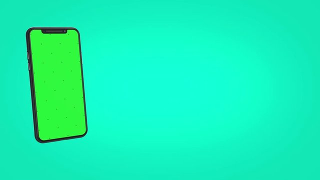 Close-up view of modern smartphone with green screen and markers on solid background, blank screen mockup with compositing masks