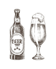 Fototapeta na wymiar Foamy Beer in Glassy Goblet and Closed Ale Bottle