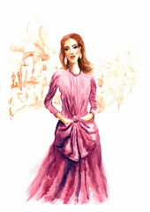 Tender watercolor fashion illustration in pink tones of a girl in old-fashioned dress