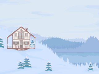 Vector illustration of suburban family house with mansard and firs against the winter landscape background and lake.