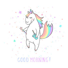 Vector illustration of hand drawn cute unicorn with magic wand, coffee and text - GOOD MORNING on withe background.