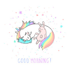 Vector illustration of hand drawn sleeping unicorn with bunny toy and text - GOOD MORNING on withe background.