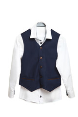white shirt and blue vest