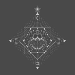 Vector illustration with hand drawn scarab and Sacred geometric symbol on black vintage background. Abstract mystic sign. 