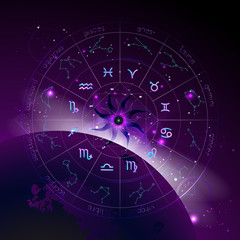 Vector illustration of Horoscope circle, Zodiac signs and pictograms astrology planets against the space background.