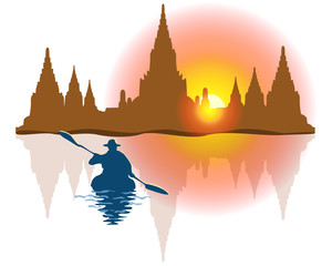 vector of kayaking in the river with pagoda thailand landscape in ayutthaya - obrazy, fototapety, plakaty