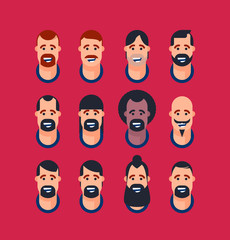 Vector image of a set of men's faces, with different hairstyles and beard