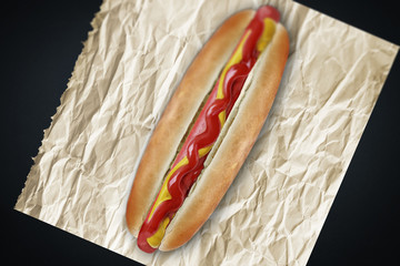 Hot dog ketchup and mustard on a wrinkled paper.