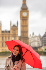 Obraz premium Woman Tourist With Umbrella by Big Ben, London, England