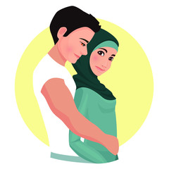 The man is hugging woman wearing hijab.