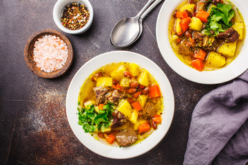 Traditional eintopf soup with meat, beans and vegetables in a white plate.
