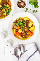 Traditional eintopf soup with meat, beans and vegetables in a white plate, white background.