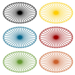 Vector set of multicolored oval backgrounds with rays. Simple flat design element for icons or other objects, round linear substrate - base