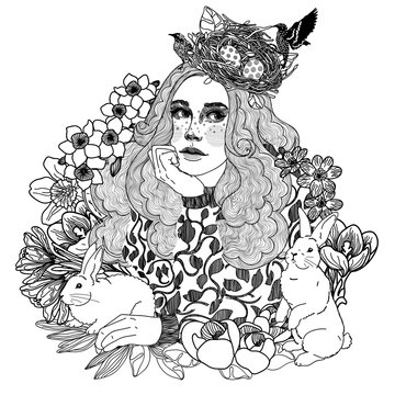 Black and white vector  of a beautiful girl with a nest with eggs on her head, Easter, spring, birds, and rabbits