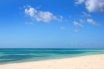 Fototapeta na wymiar Turquoise sea & blue sky against a beautiful white beach, Aruba