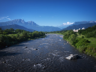 Mountain river landscape. River valley in mountains. Mountain wild river flow.