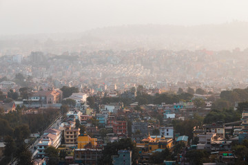 Building layers at foggy Kathmandu, Nepal.