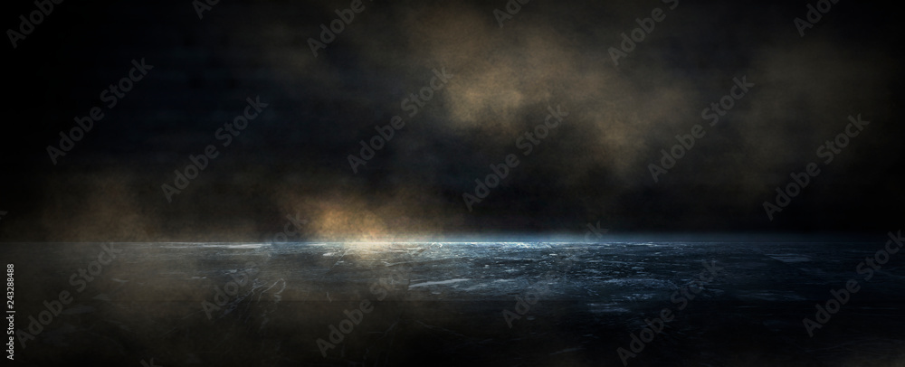 Aufkleber background of an empty room with smoke and neon light. dark abstract background
