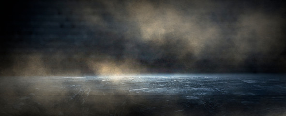 Background of an empty room with smoke and neon light. Dark abstract background