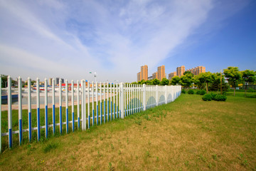 lawn fences and buildings in the park