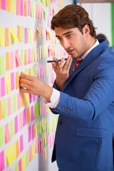 Young handsome man in conflicting priorities concept