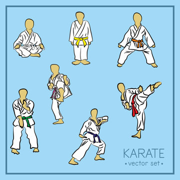 Karate stances - vector icon set. Faceless silhouettes of Karatekas stand in different poses, in white clothes with multi-colored belts