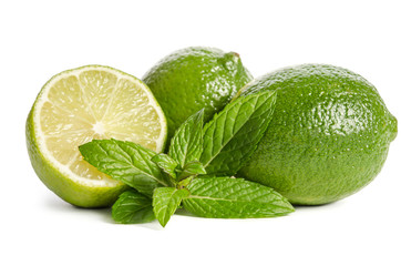 green mint and limes isolated on white background