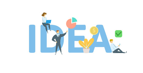 IDEA word concept banner. Concept with people, letters, and icons. Colored flat vector illustration. Isolated on white background.