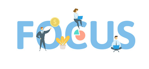 FOCUS word concept banner. Concept with people, letters, and icons. Colored flat vector illustration. Isolated on white background.