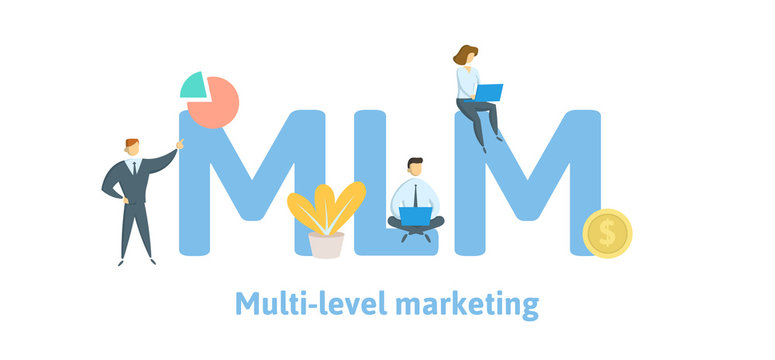 MLM, Multi Level Marketing. Concept with keywords, letters, and icons. Colored flat vector illustration. Isolated on white background.