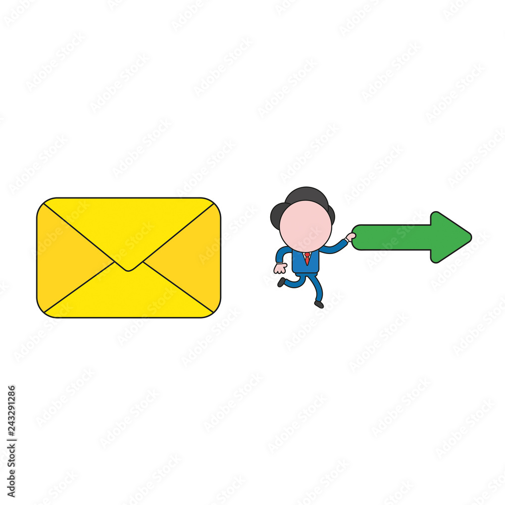Poster vector illustration of businessman character with closed mail envelope and carrying arrow pointing r
