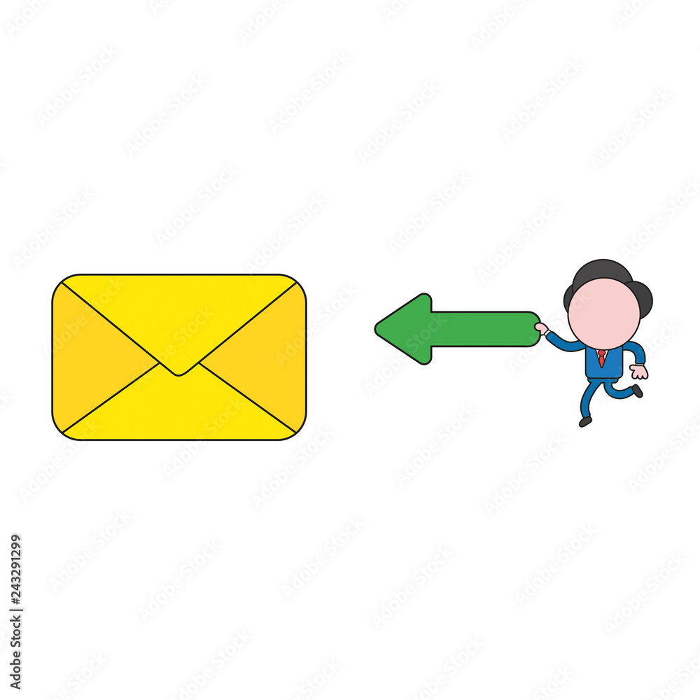 Poster vector illustration of businessman character with closed mail envelope and carrying arrow pointing l