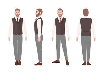 Bearded man or office worker in elegant business outfit with waistcoat. Friendly male cartoon character isolated on white background. Front, side and back views. Flat colorful vector illustration.