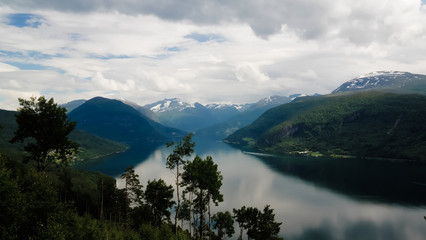 Fototapeta na wymiar Landscape panoramic view to innvikfjorden, innvik and utvik village, Norway