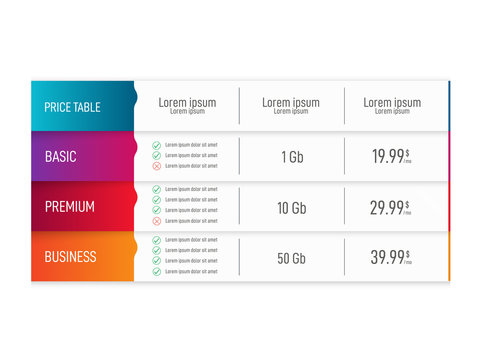 Price table for websites and applications. Vector illustration