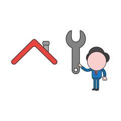 Vector illustration of businessman character holding spanner to house roof. Color and black outlines.