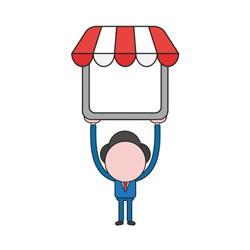 Vector illustration of businessman character holding up shop store. Color and black outlines.