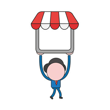 Vector illustration of businessman character walking and carrying shop store. Color and black outlines.