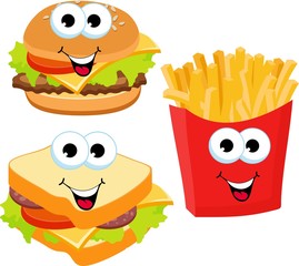 Fast food set hamburger, sandwich and french fries isolated on white background. Fast food smile Raster cartoon expression characters illustration