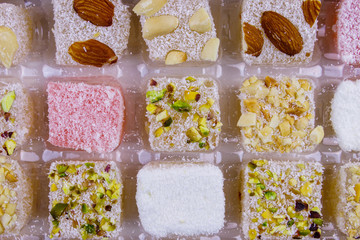 Assortment turkish delight in a box close-up