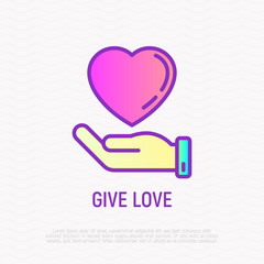 Hand holding heart thin line icon. Symbol of love, care and support each other. Modern vector illustration.