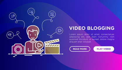 Video blogging concept with thin line icons: blogger making video with camera and play button. Modern vector illustration, web page template on gradient background.