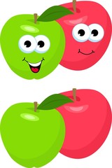 Set of Apples with leaf. Cute and funny red and green apple character, mascot, decoration element, cartoon Raster illustration isolated on white background. Concept of health care