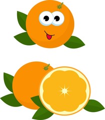 Orange whole and slice of orange with orange leaves. Raster illustration of oranges. Adorable orange cartoon character with face, eyes and mouth isolated on white background