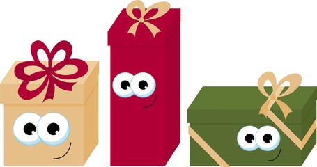 Colorful wrapped smiling gift boxes with eyes. Beautiful present box with bow. Gift box icon. Gift symbol. Christmas gift box.
